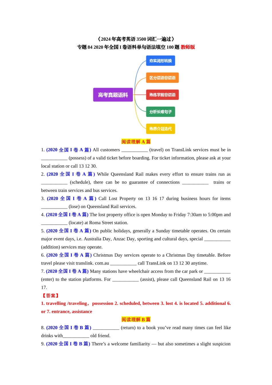 专题84 2020年全国I卷语料单句语法填空100题-2024年高考英语3500词汇一遍过 解析版.docx_第1页
