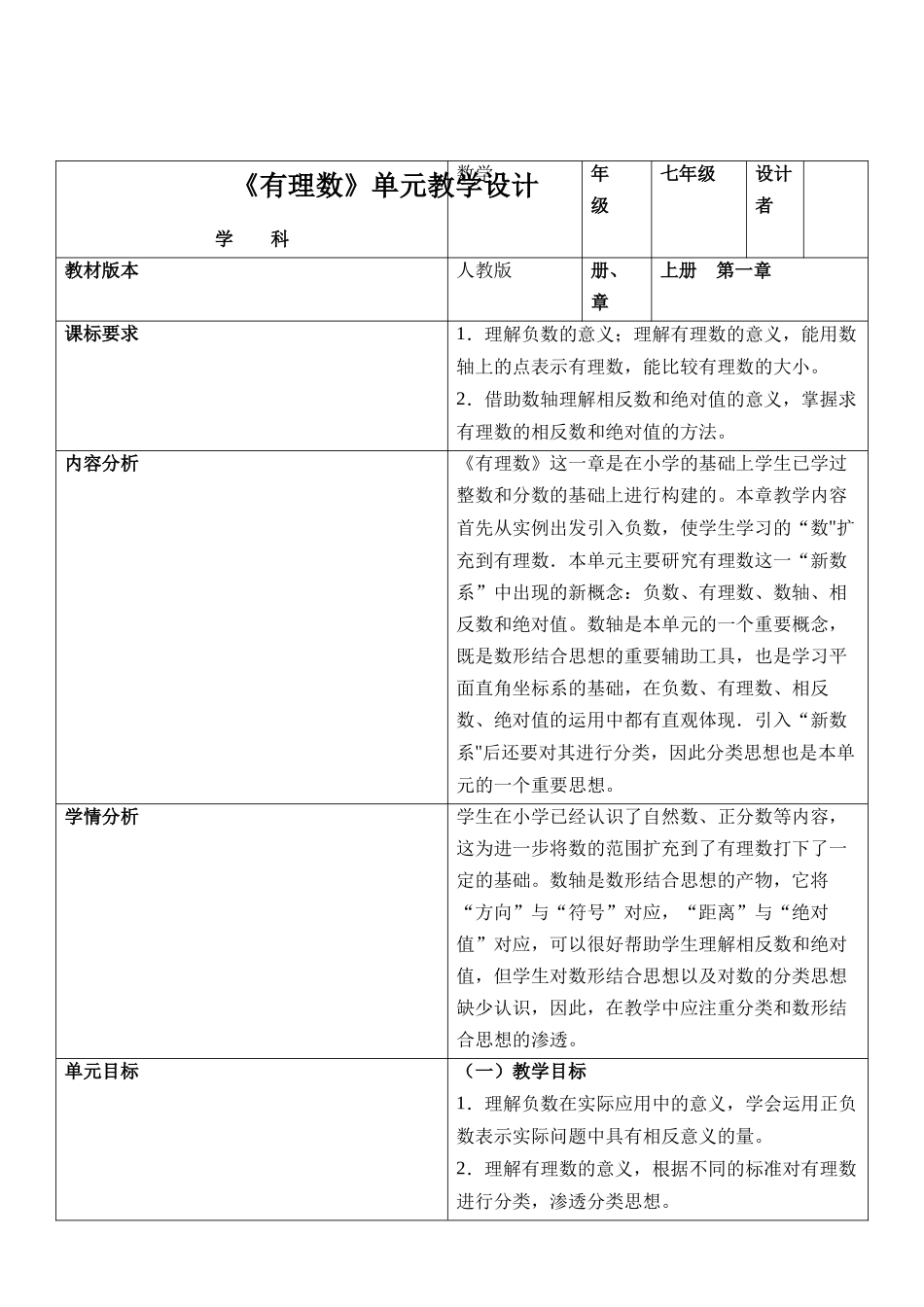  （2025-2026学年）人教版数学七年级上册人教版（2024版）七上数学第一单元：有理数大单元教学设计.docx_第1页