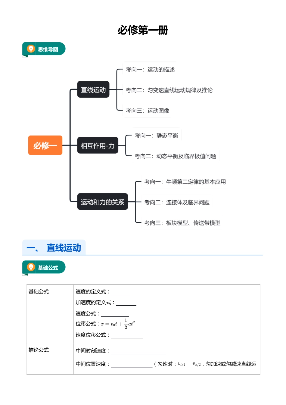 【高考物理】2025版高三物理考前回归课本讲义1.必修第一册（学生版）.pdf_第1页