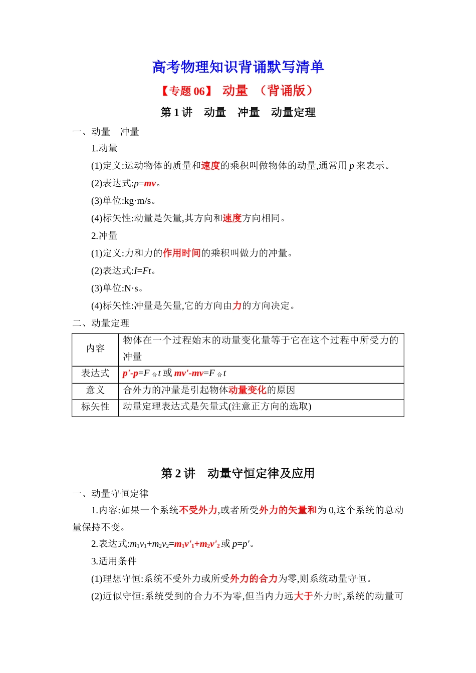2025版《默写清单》高考物理-专题06 动量-（背诵版）共5页.docx_第1页
