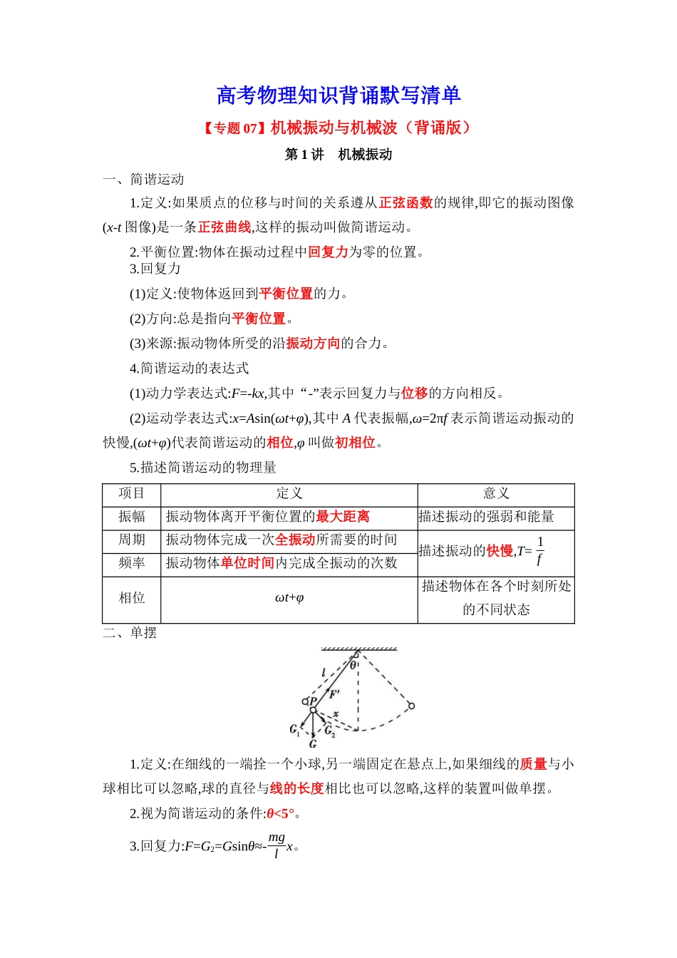 2025版《默写清单》高考物理-专题07 机械振动与机械波-（背诵版）共5页.docx_第1页