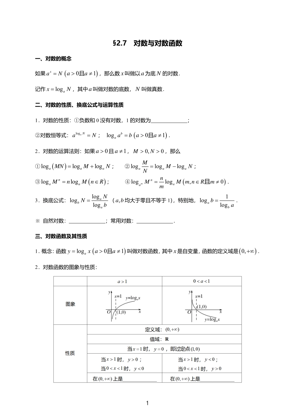 2025届巴蜀数学高二-一轮：2.7  对数与对数函数.pdf_第1页