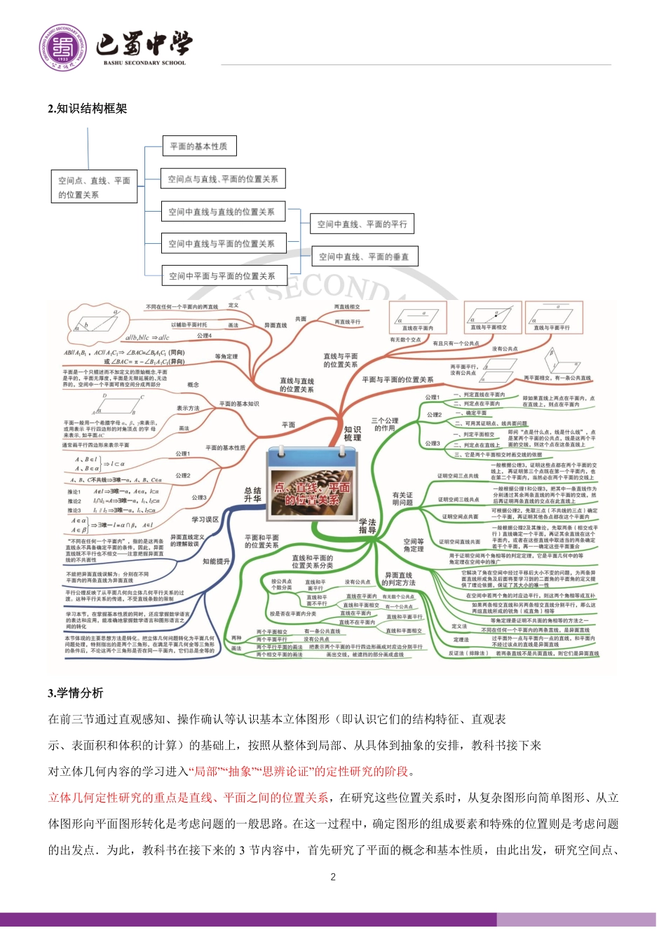 2025届巴蜀数学高一-【第十一周】集体备课材料第八章8.4空间点、直线、平面之间的位置关系.pdf_第2页