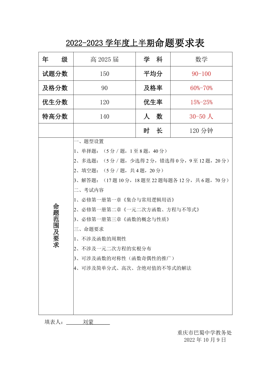 2025届巴蜀数学高一-高2025届一上半期数学命题要求.pdf_第1页