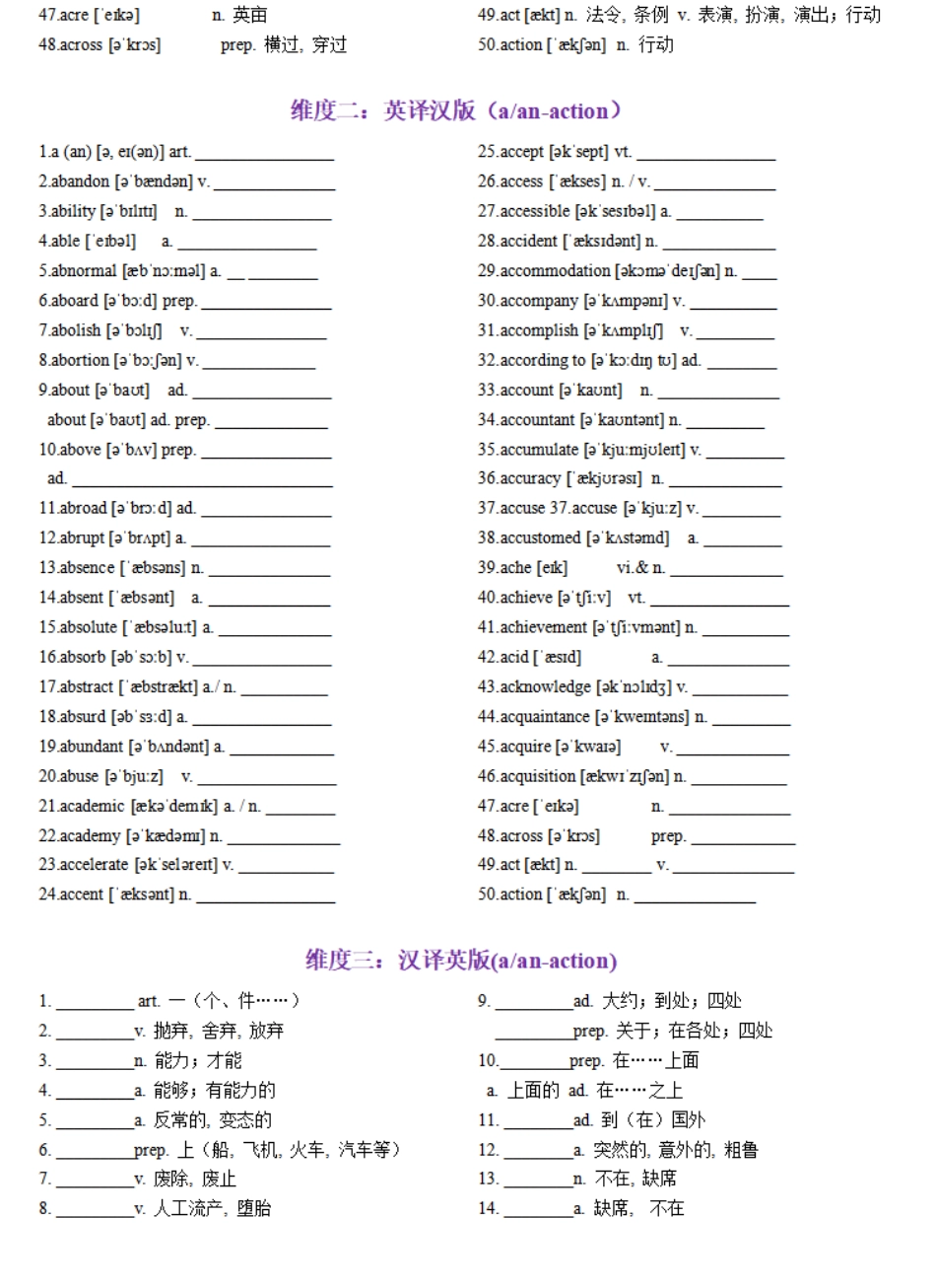 第01天 a(n)~action-2024年高考英语3500词汇一遍过（英汉互译+词形转换+短语提炼+单句填空+语篇填空）教师版.pdf_第2页