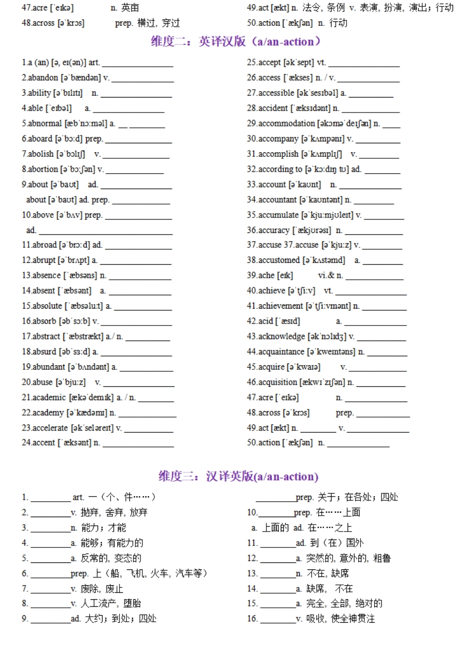 第01天 a(n)~action-2024年高考英语3500词汇一遍过（英汉互译+词形转换+短语提炼+单句填空+语篇填空）原卷版.pdf_第2页
