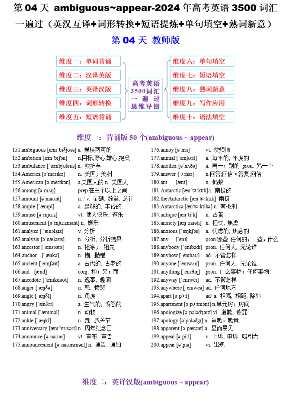 第04天 ambiguous~appear-2024年高考英语3500词汇一遍过（英汉互译+词形转换+短语提炼+单句填空+熟词新意）教师版.pdf_第1页