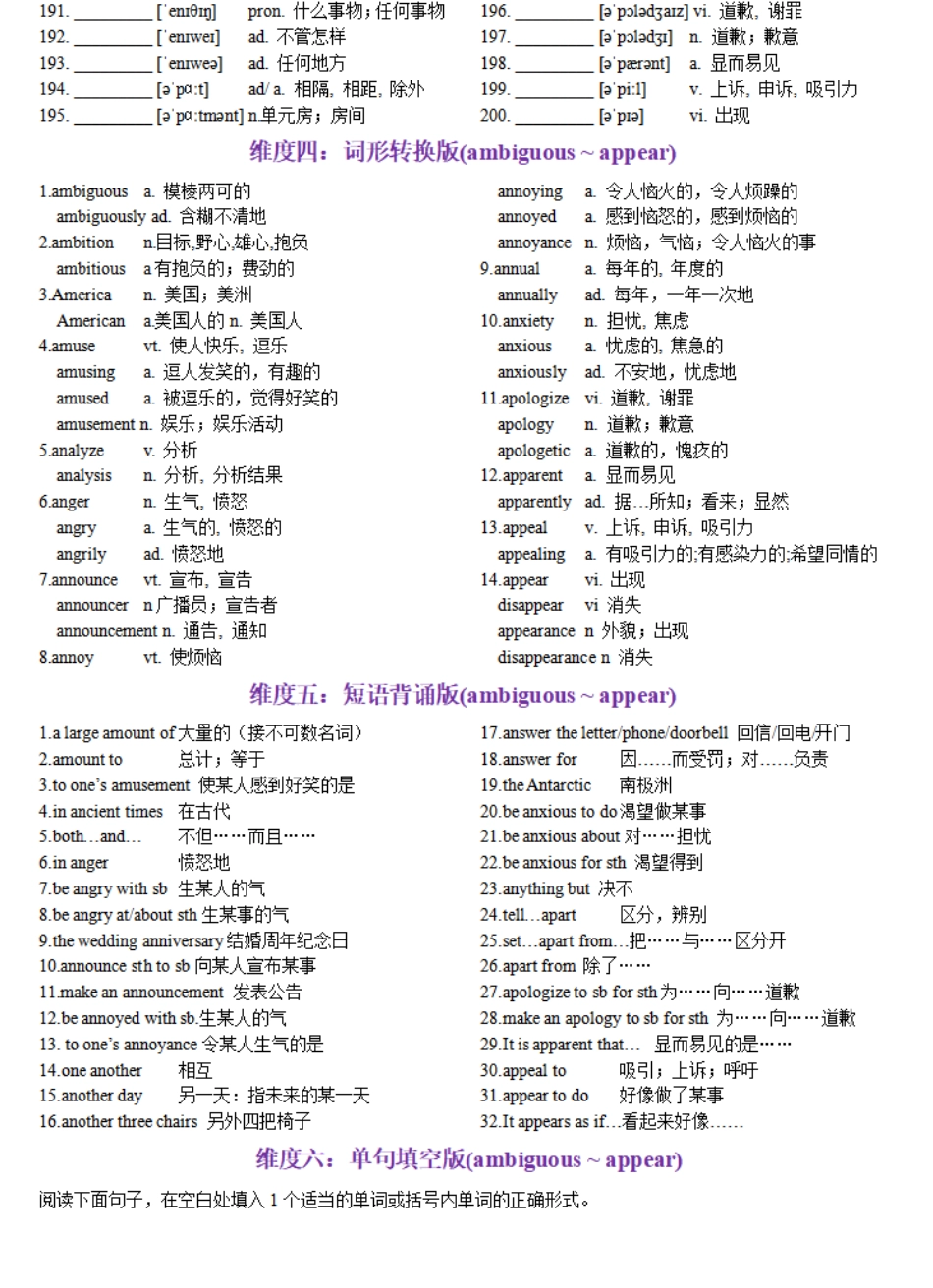 第04天 ambiguous~appear-2024年高考英语3500词汇一遍过（英汉互译+词形转换+短语提炼+单句填空+熟词新意）教师版.pdf_第3页