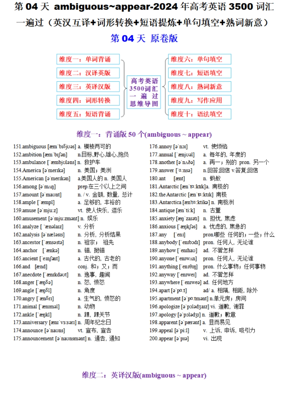 第04天 ambiguous~appear-2024年高考英语3500词汇一遍过（英汉互译+词形转换+短语提炼+单句填空+熟词新意）原卷版.pdf_第1页