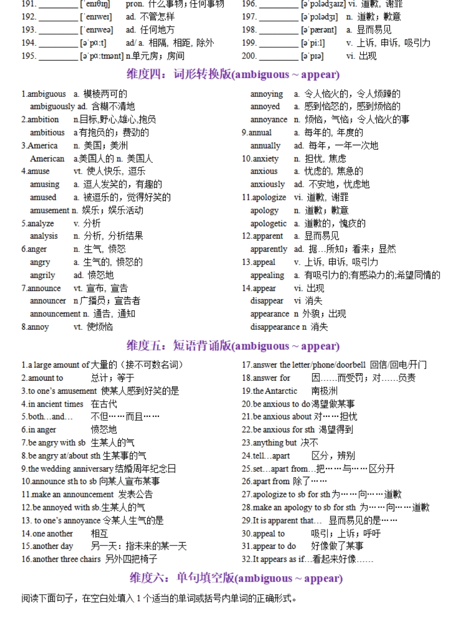第04天 ambiguous~appear-2024年高考英语3500词汇一遍过（英汉互译+词形转换+短语提炼+单句填空+熟词新意）原卷版.pdf_第3页