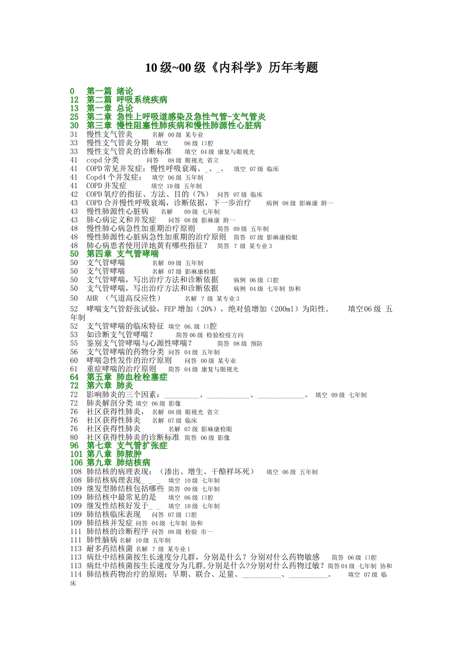 医学学科：【历年考题分章】分章10级~00级《内科学》分章历年考题全 白头(1).doc_第1页