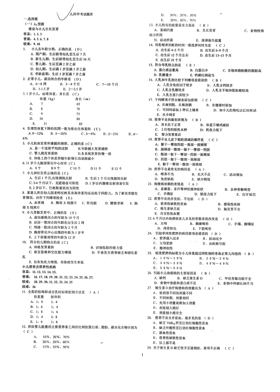 医学学科：1.儿科选择题库0（含答案）.pdf_第1页