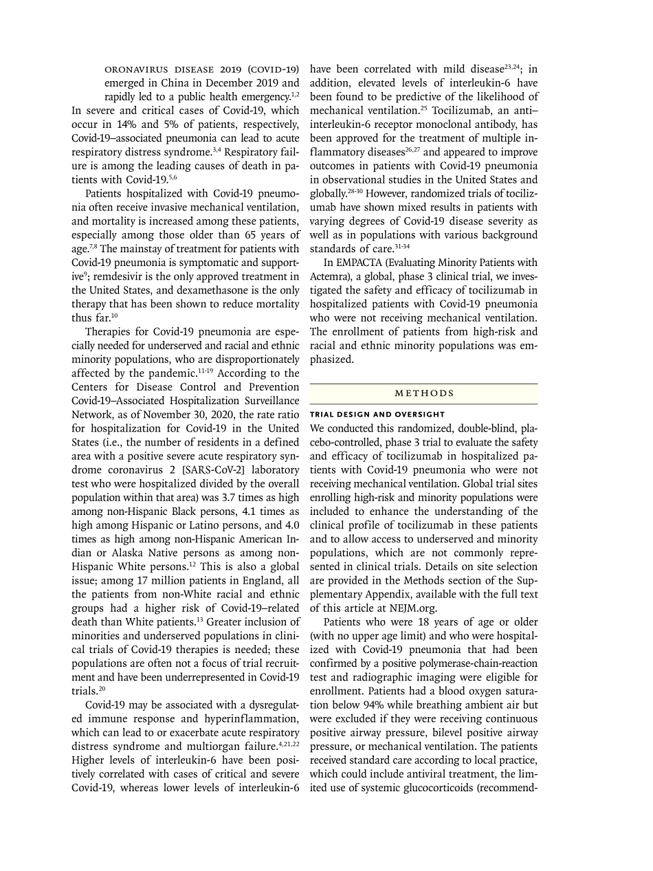医学：Tocilizumab用于Covid-19肺炎住院患者 Tocilizumab in Patients Hospitalized with Covid-19 Pneumonia.pdf_第2页