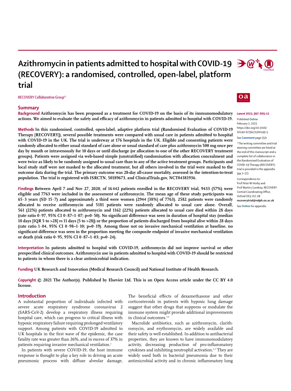 医学：阿奇霉素用于COVID-19住院患者(康复) Azithromycin in patients admitted to hospital with COVID-19.pdf_第1页