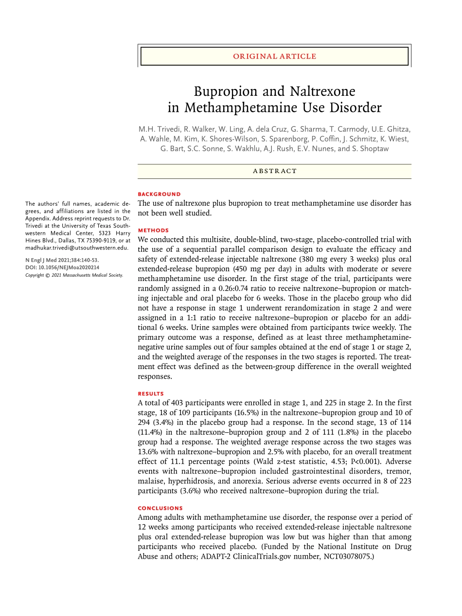 医学：安非他酮和纳曲酮治疗甲基苯丙胺使用障碍 Bupropion and Naltrexone in Methamphetamine Use Disorder.pdf_第1页