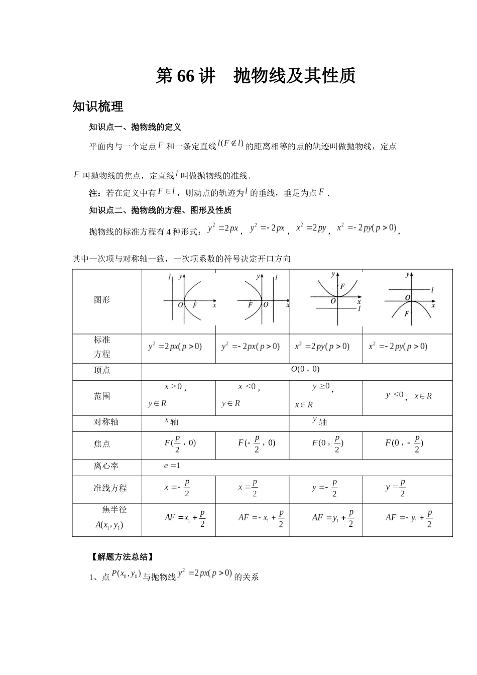 2025高考数学必刷5000题-第66讲 抛物线及其性质（学生版）.docx_第1页