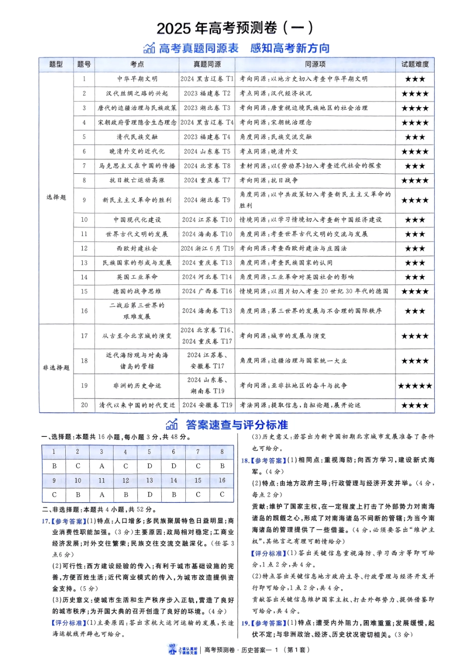 2025金考卷高考预测卷历史答案一（新教材）.pdf_第1页