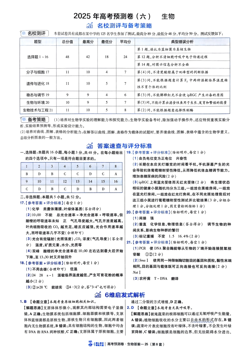 2025金考卷高考预测卷生物答案六（全国卷）.pdf_第1页