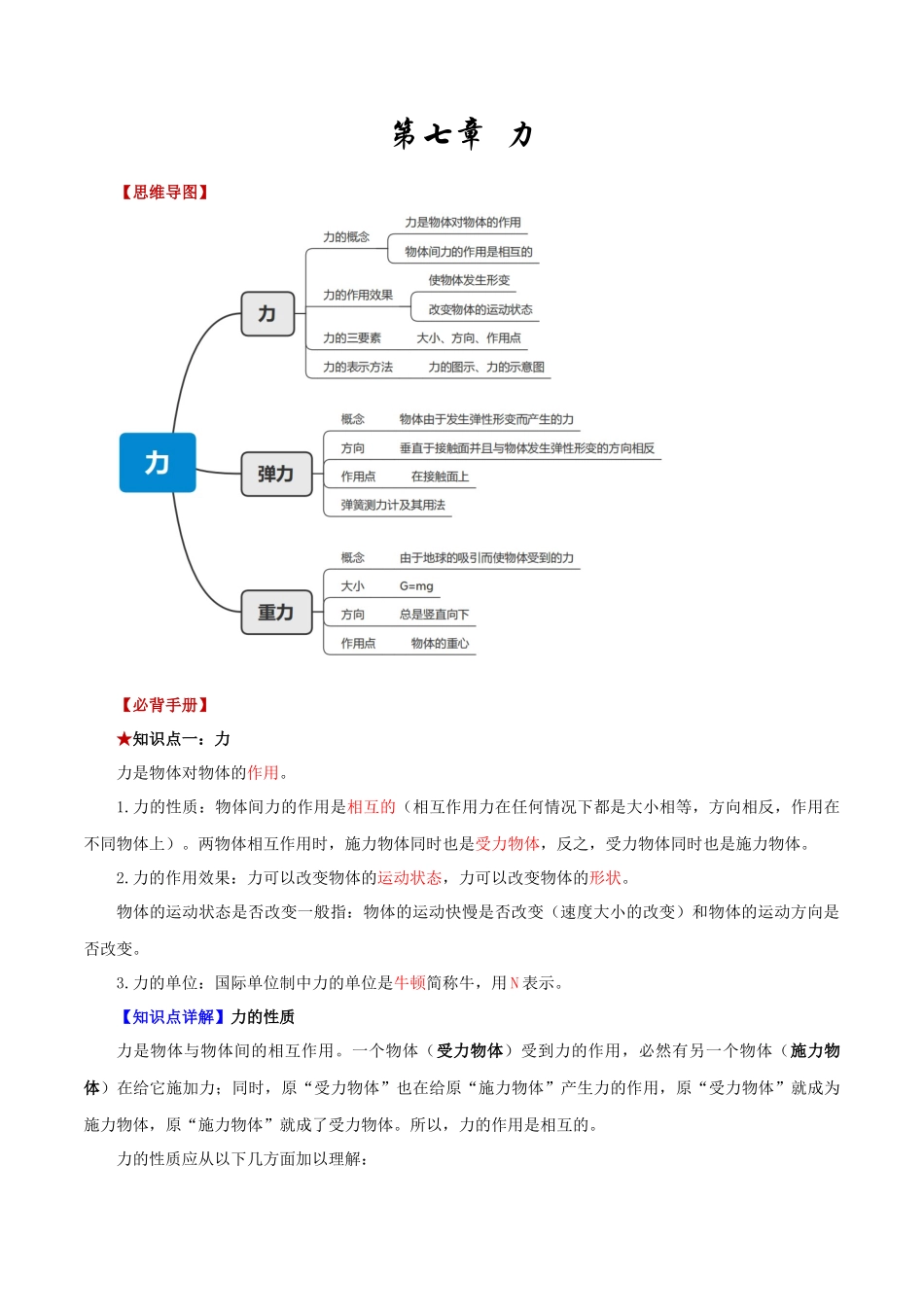 2026年中考物理必背知识手册（思维导图+背诵手册）第七章++力.docx_第1页