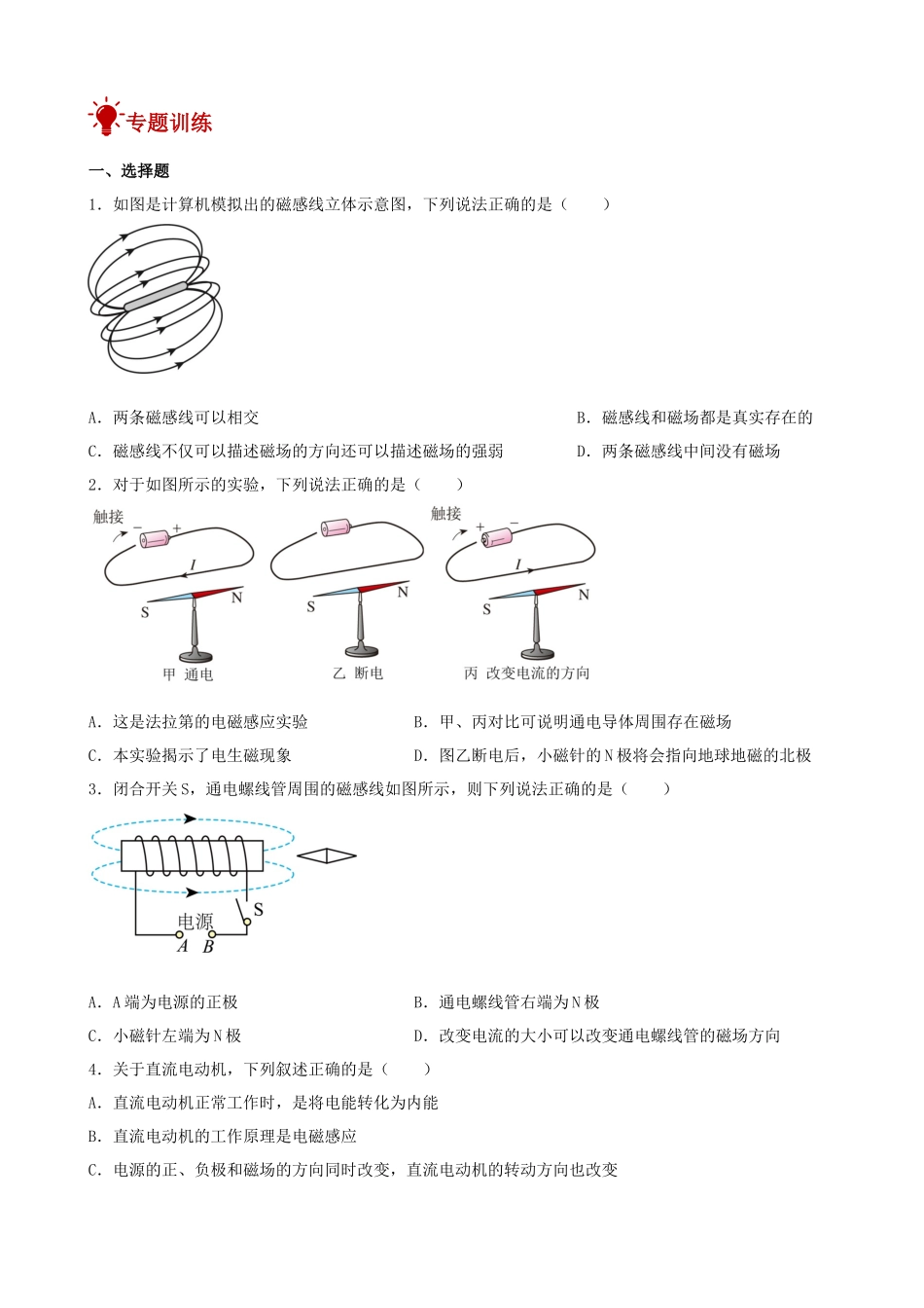 2026年中考物理一轮重点难点一遍过专题训练-电与磁（附答案解析）.docx_第3页