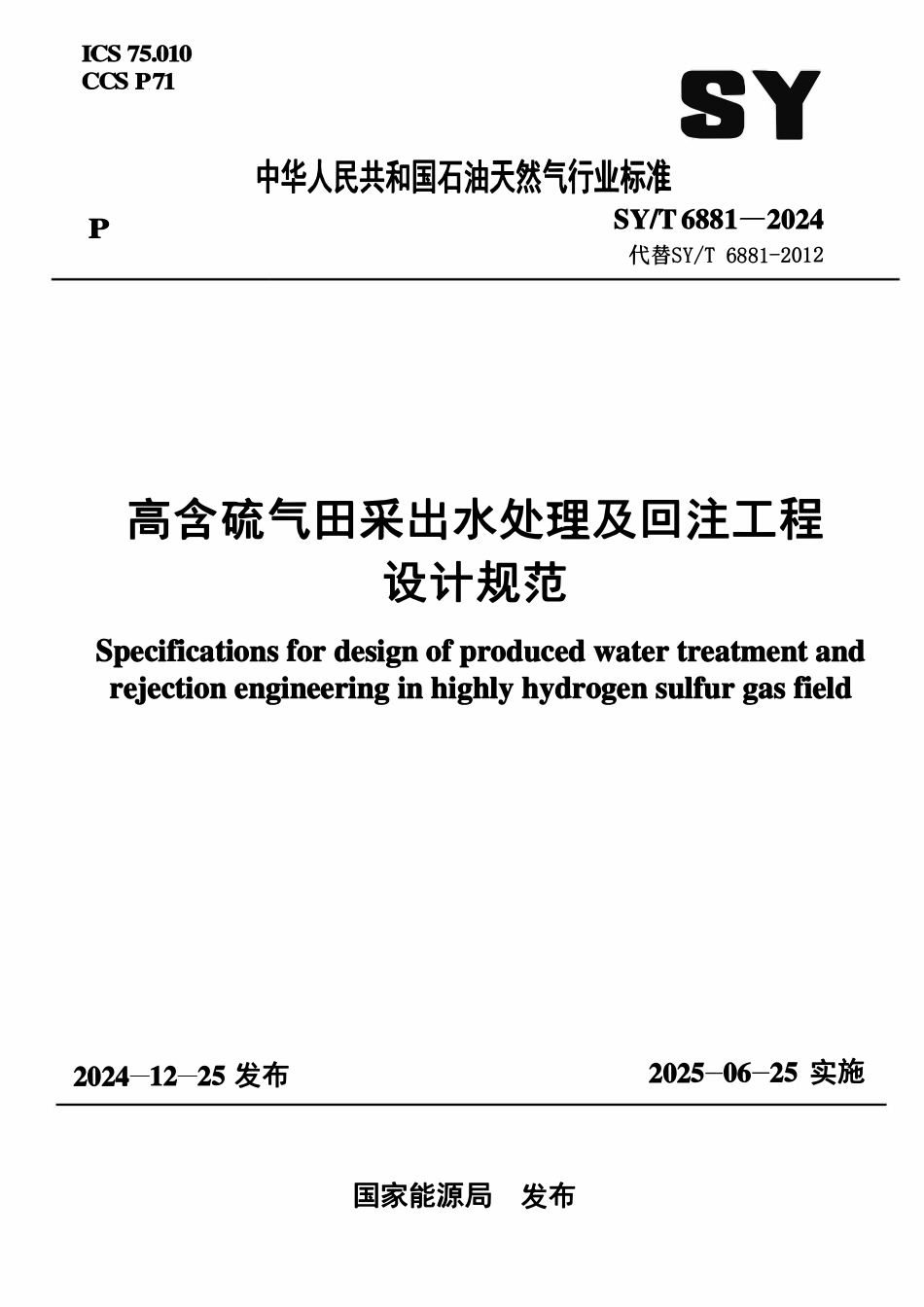 SYT 6881-2024 高含硫气田采出水处理及回注工程设计规范.pdf_第1页