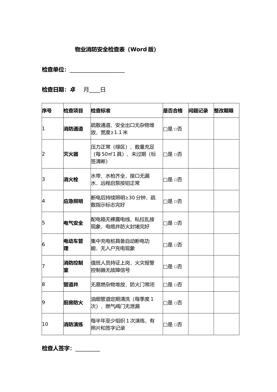 物业消防安全检查表.docx_第1页