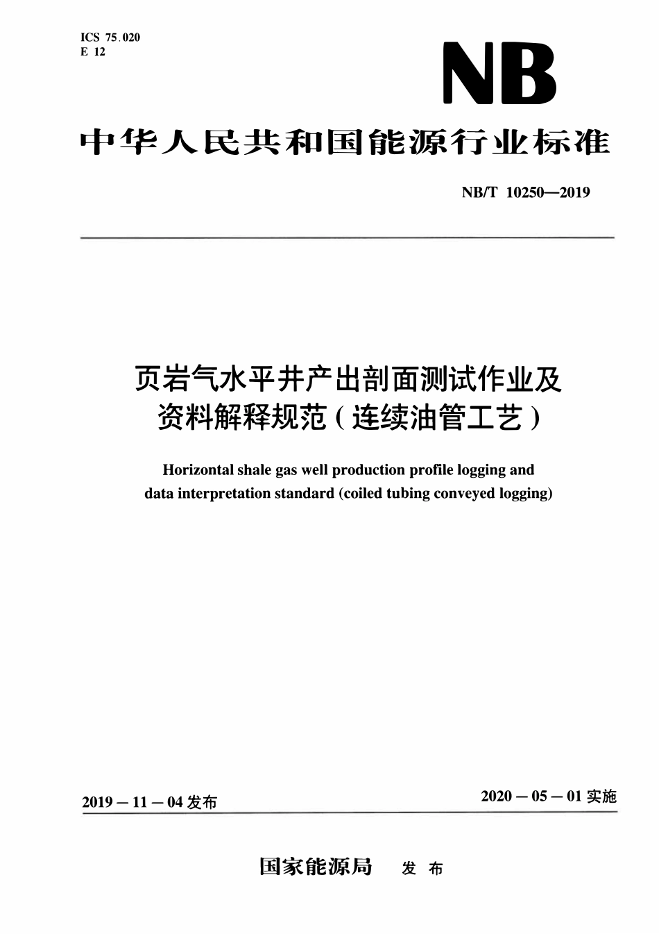 NBT10250-2019 页岩气水平井产出剖面测试作业及资料解释规范(连续油管工艺).pdf_第1页