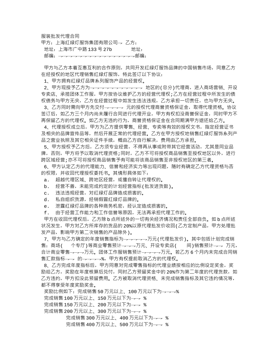 常用合同模版-服装批发代理合同.doc_第1页
