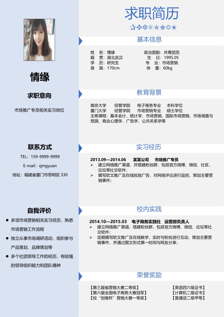个人简历、自荐信、面试问题模版-021、简历模板.docx_第1页