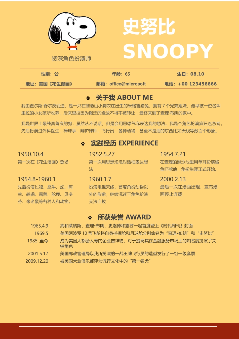 个人简历、自荐信、面试问题模版-93.彩色史努比Snoopy .docx_第1页