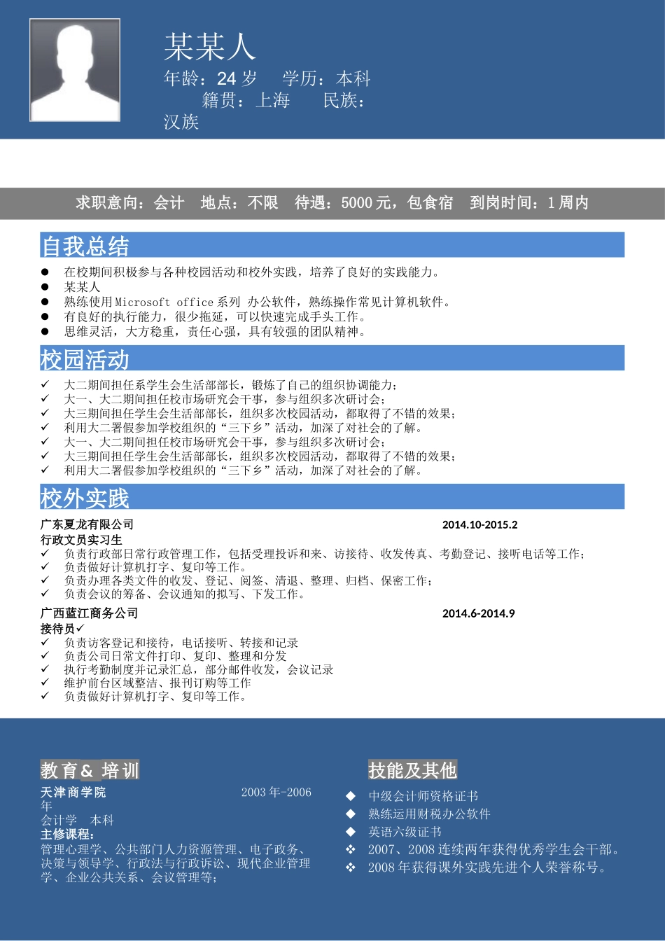 个人简历、自荐信、面试问题模版-b商 务22.doc_第1页