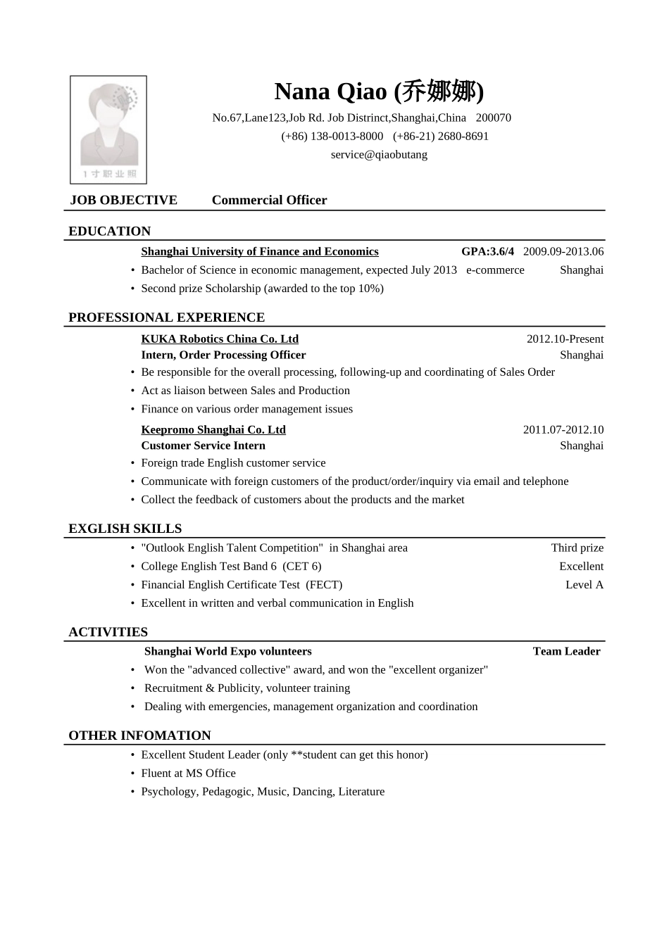 个人简历、自荐信、面试问题模版-Resume_Template_for_Commercial_Officer_商务专员英文简历模版（外贸）.doc_第1页