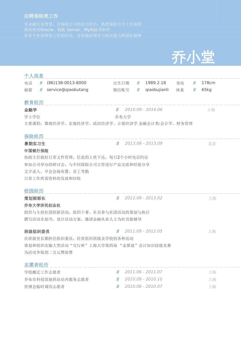 个人简历、自荐信、面试问题模版-保险初级岗位简历模板（内勤管理外勤）.doc_第1页