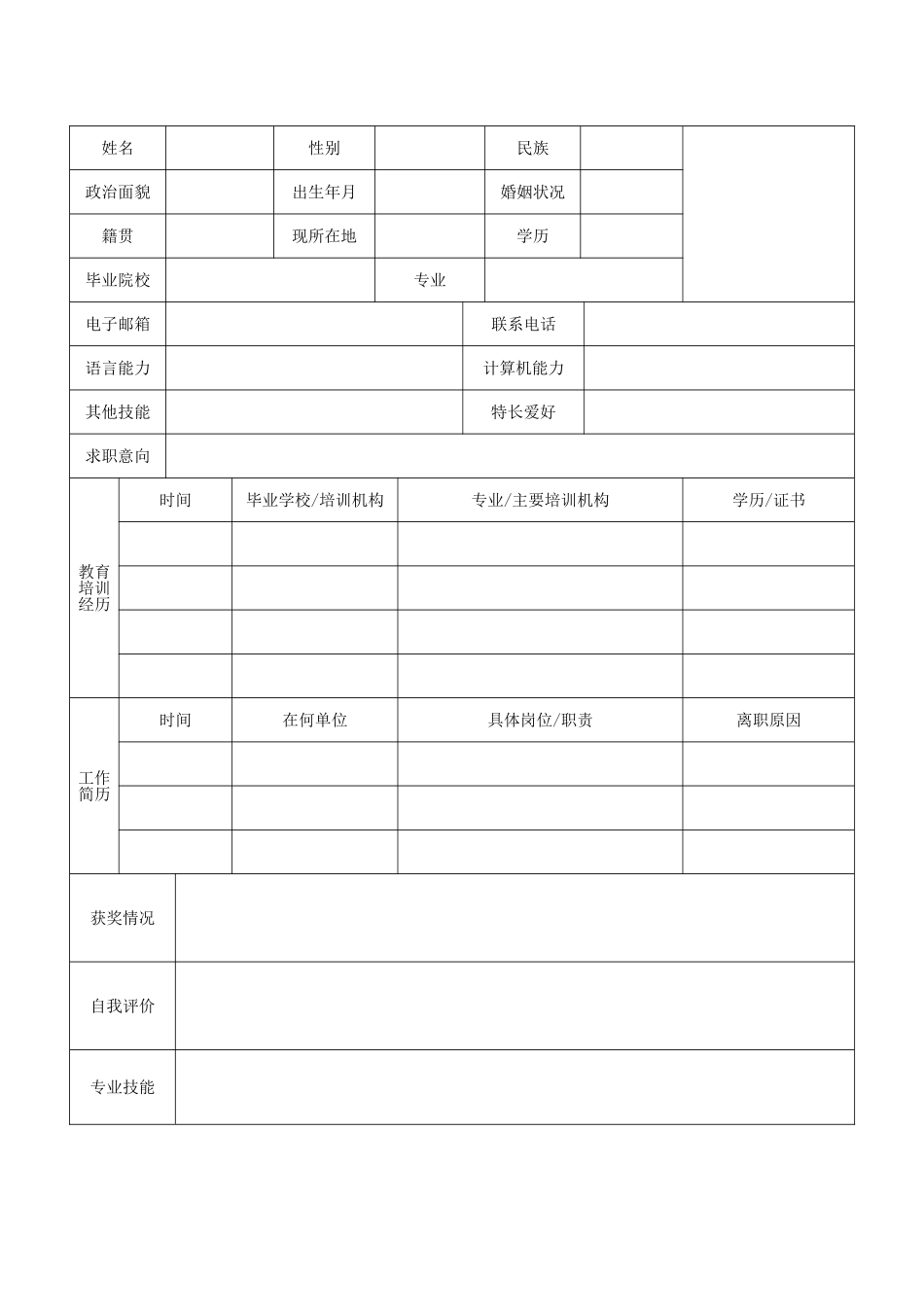 个人简历、自荐信、面试问题模版-表 格 简 历 (15).doc_第1页