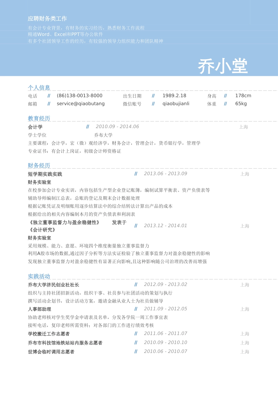个人简历、自荐信、面试问题模版-财务会计个人简历模板.doc_第1页