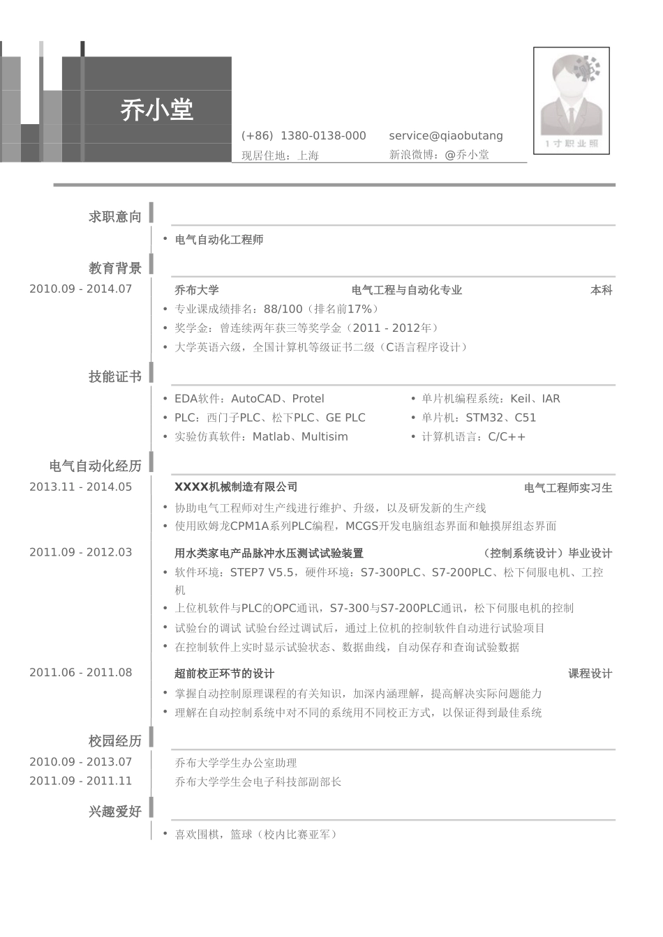 个人简历、自荐信、面试问题模版-电气自动化工程师简历模板（突出专业技能）.doc_第1页