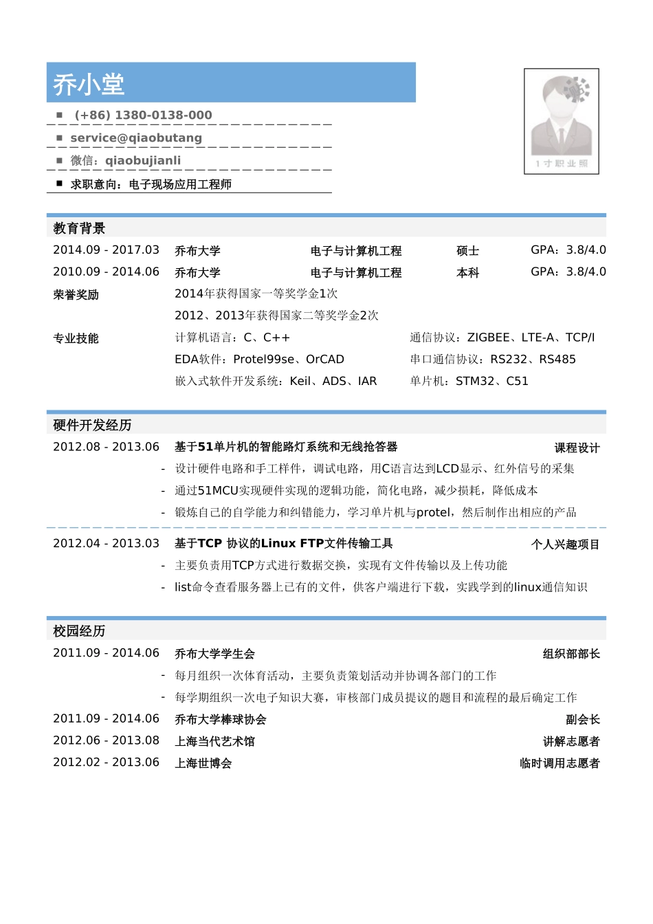 个人简历、自荐信、面试问题模版-电子现场应用工程师岗位个人简历模板.doc_第1页