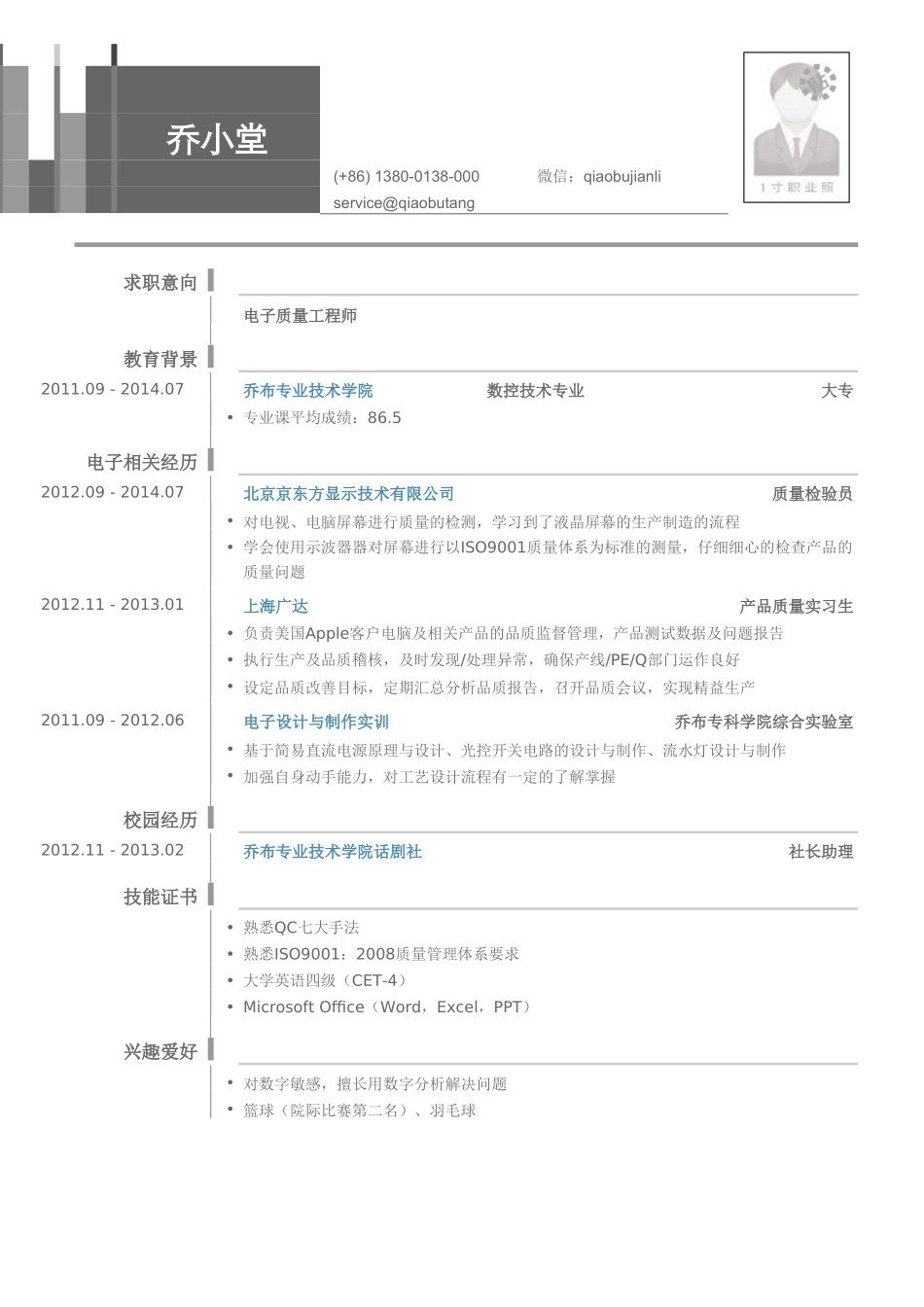 个人简历、自荐信、面试问题模版-电子质量工程师岗位个人简历模板.doc_第1页