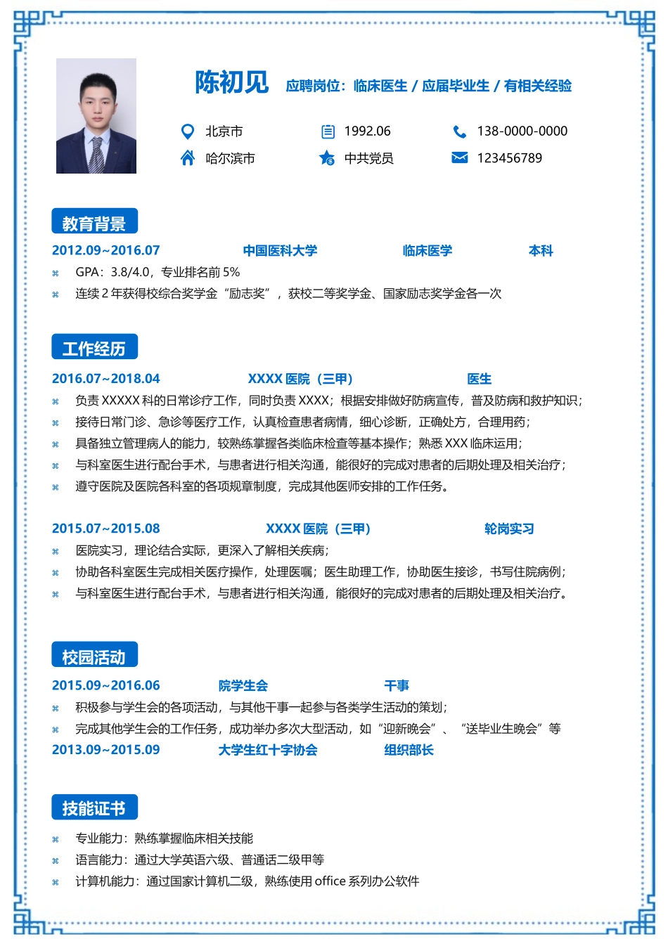 个人简历、自荐信、面试问题模版-个人简历模板（医生范文）.doc.docx_第1页