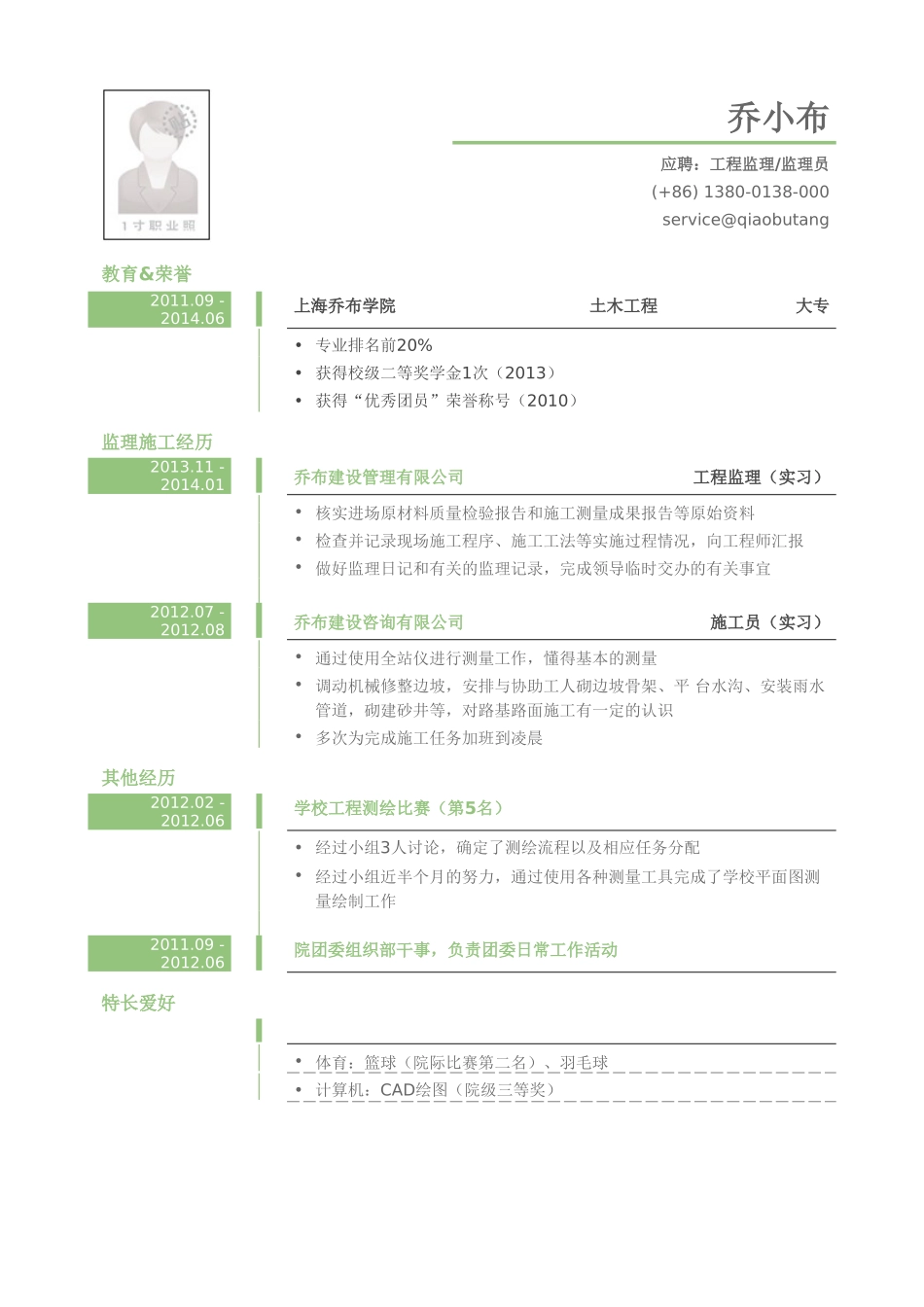个人简历、自荐信、面试问题模版-工程监理监理员岗位个人简历模板.doc_第1页