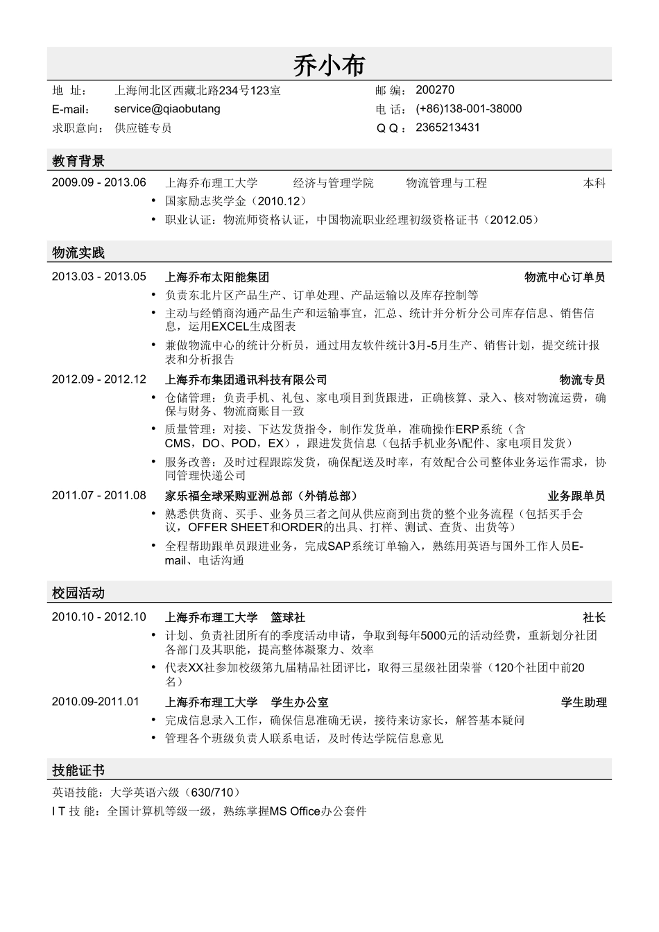 个人简历、自荐信、面试问题模版-供应链专员简历模板.doc_第1页