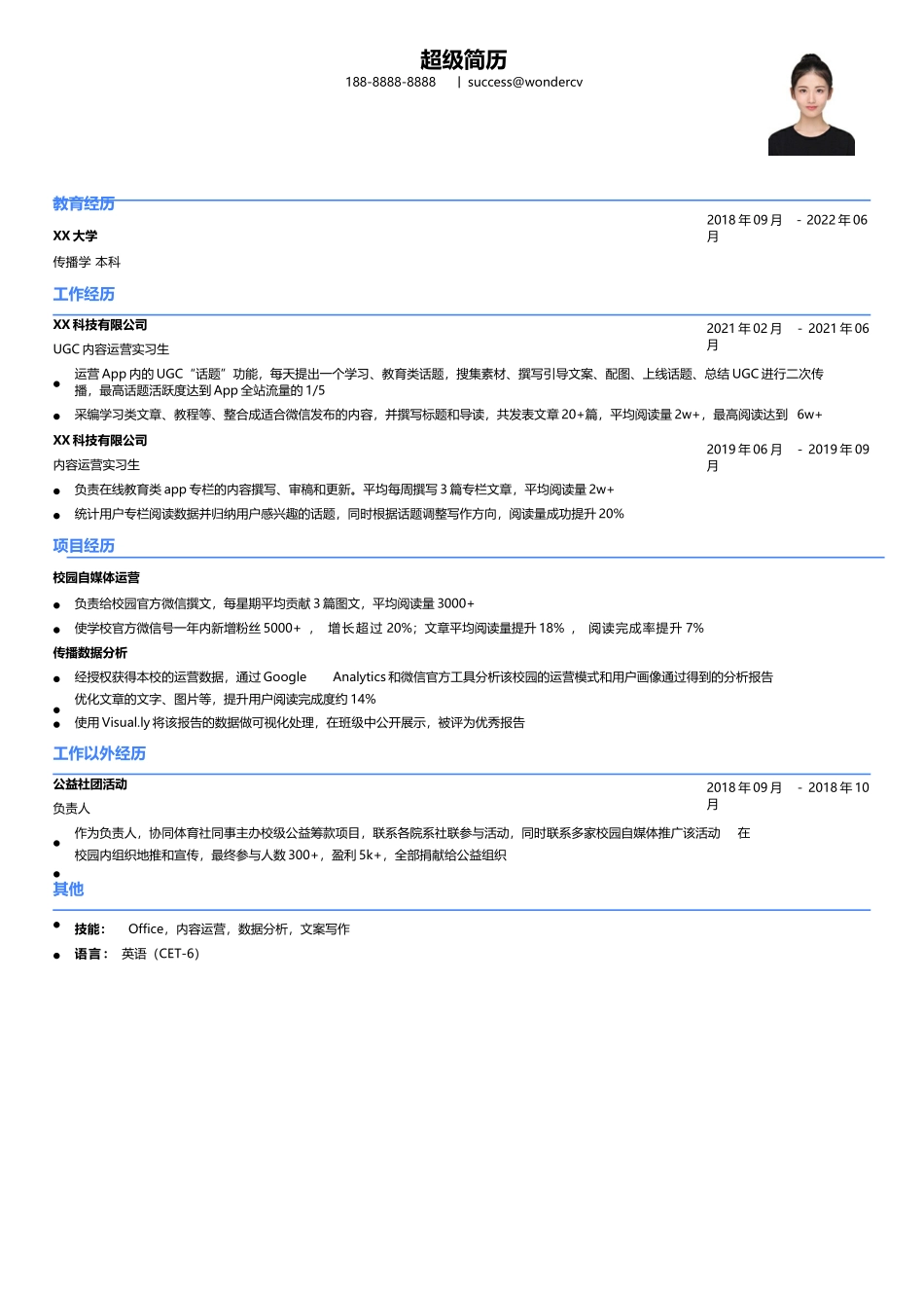 个人简历、自荐信、面试问题模版-互联网-内容运营简历模板.docx_第1页