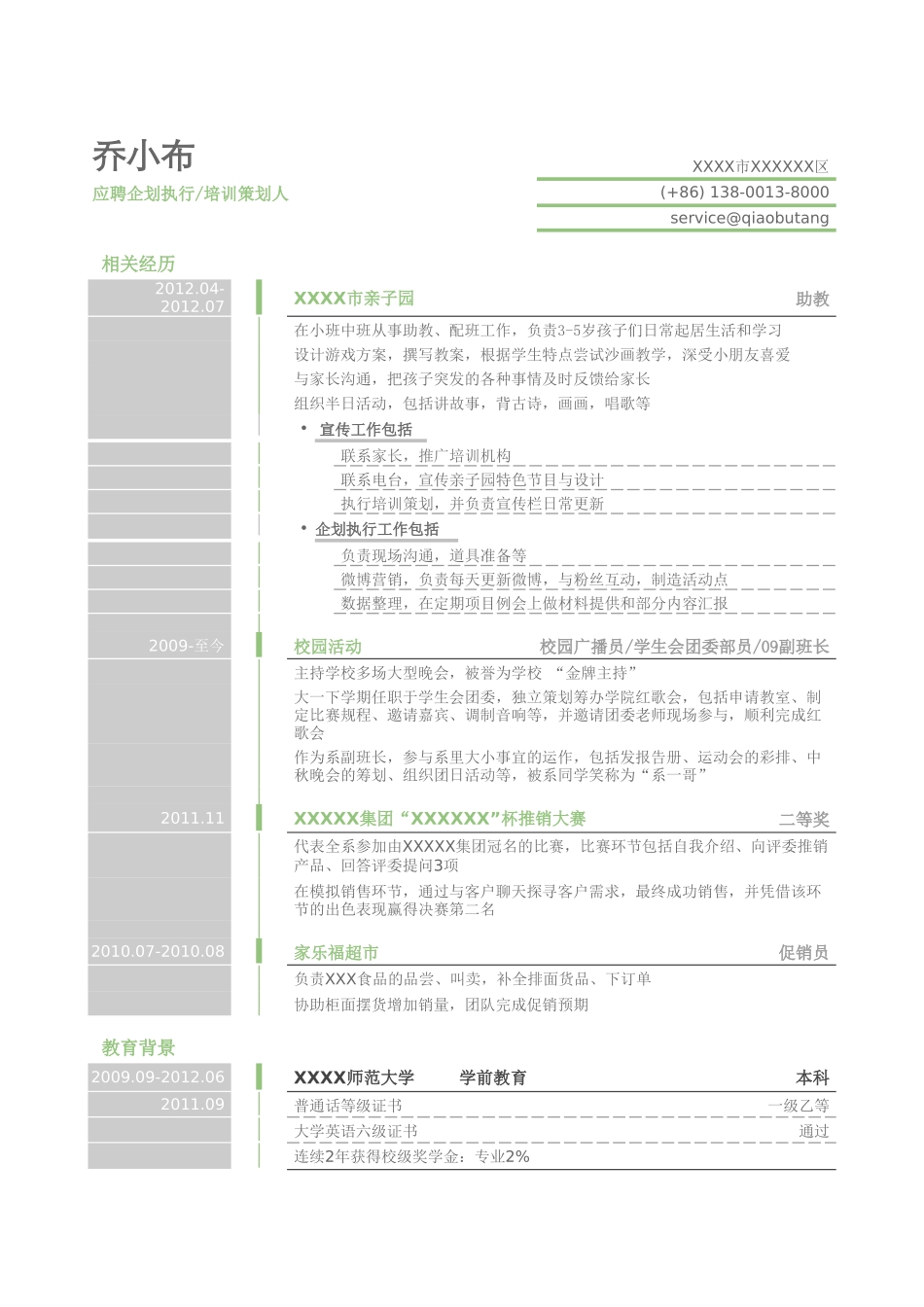 个人简历、自荐信、面试问题模版-教育机构企划执行培训策划的简历模板（突出相关经历）.doc_第1页