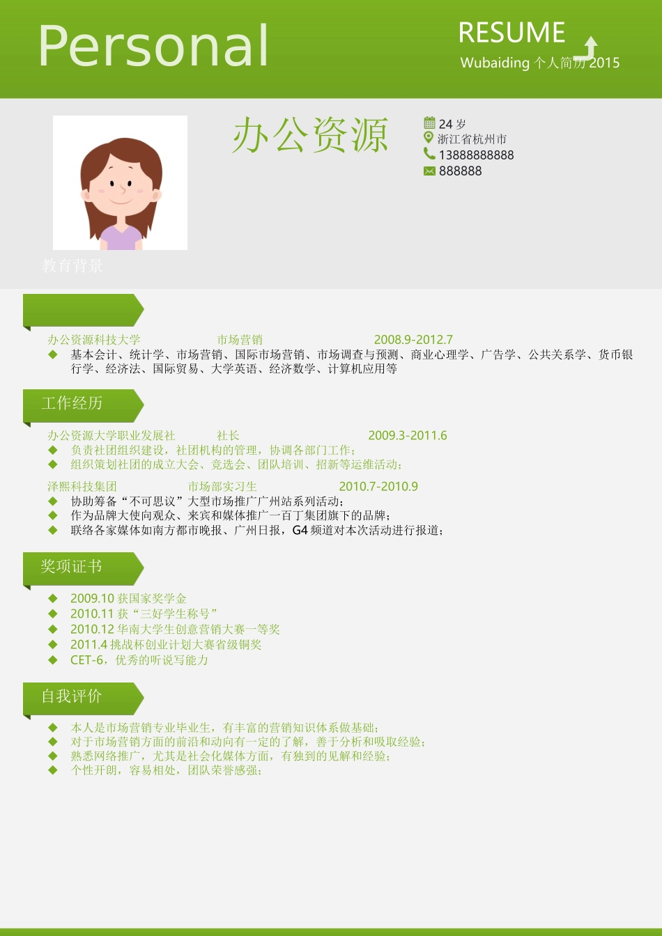 个人简历、自荐信、面试问题模版-竞聘市场营销 推广助理 主管个人简介Word简历模板.docx_第2页