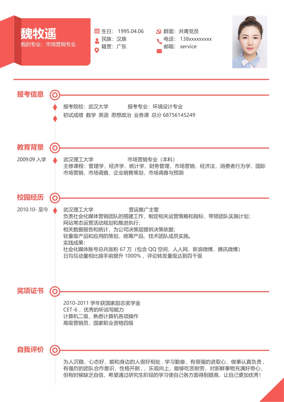 个人简历、自荐信、面试问题模版-考研复试简历模板2.doc_第1页