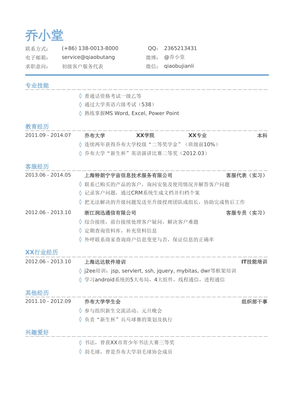 个人简历、自荐信、面试问题模版-客服简历模板（有专业技能）.doc_第1页