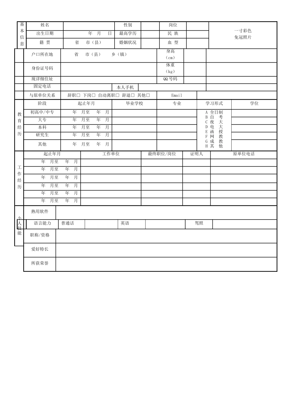 个人简历、自荐信、面试问题模版-空白标准表格05.doc_第1页