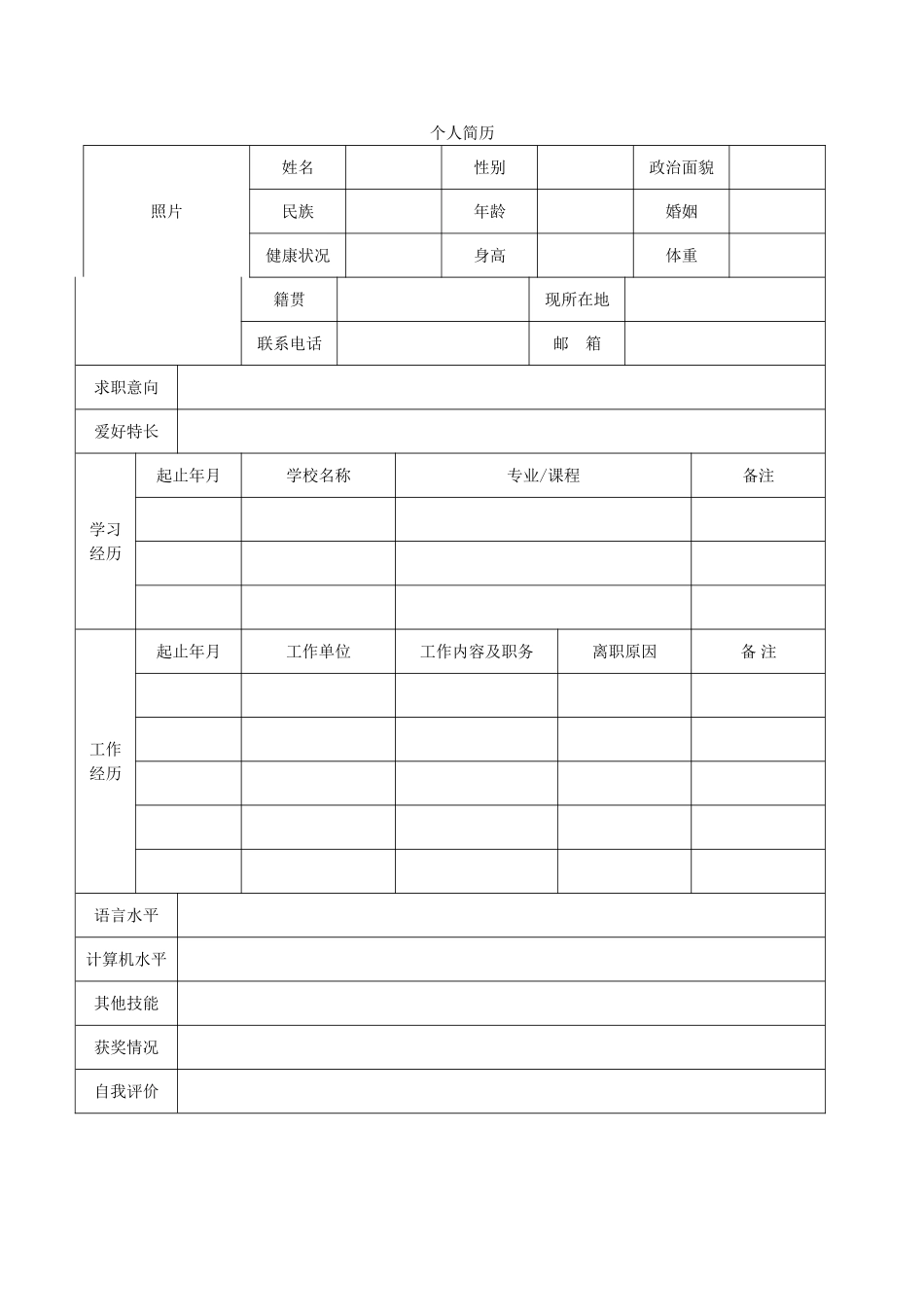 个人简历、自荐信、面试问题模版-空白标准表格14.doc_第1页