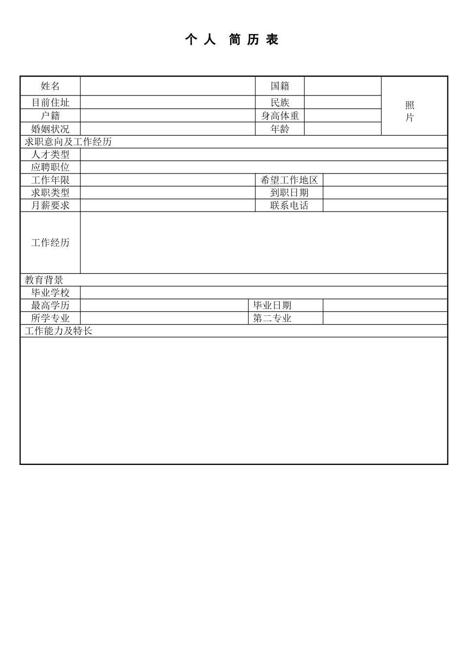 个人简历、自荐信、面试问题模版-空白标准表格16.doc_第1页