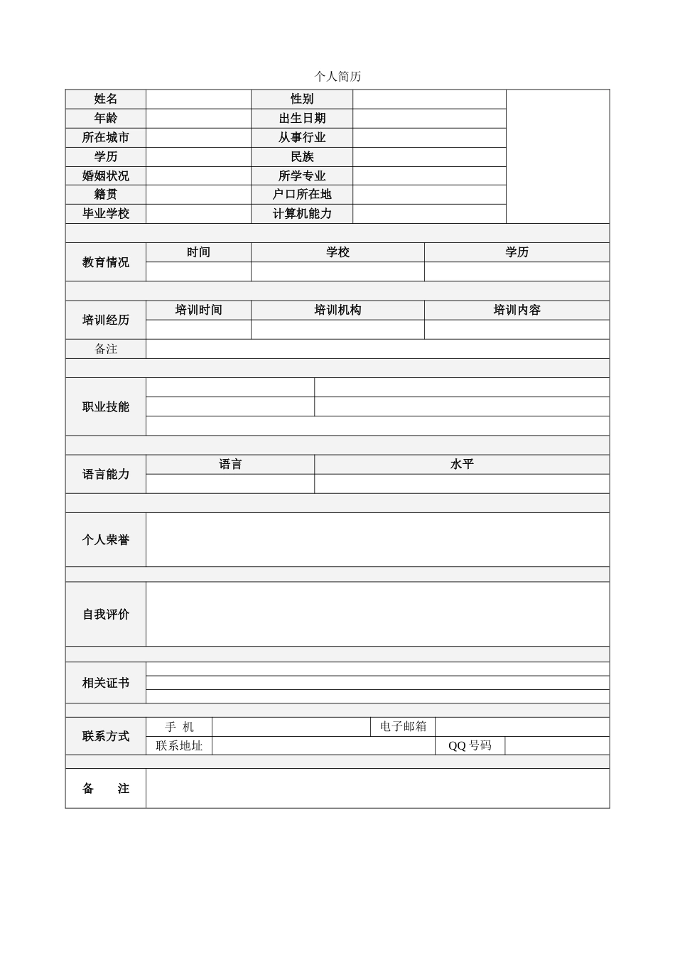 个人简历、自荐信、面试问题模版-空白简历标准表格-19.doc_第1页